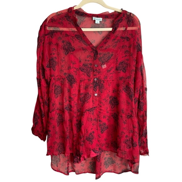 Sundance Red Floral Sheer Tunic Blouse Size L | Cupro & Modal - Picture 1 of 10